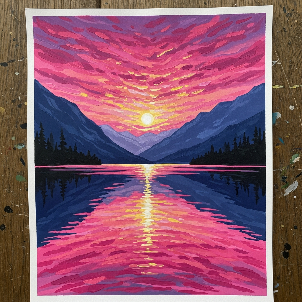 Закат над озером — работа ученика